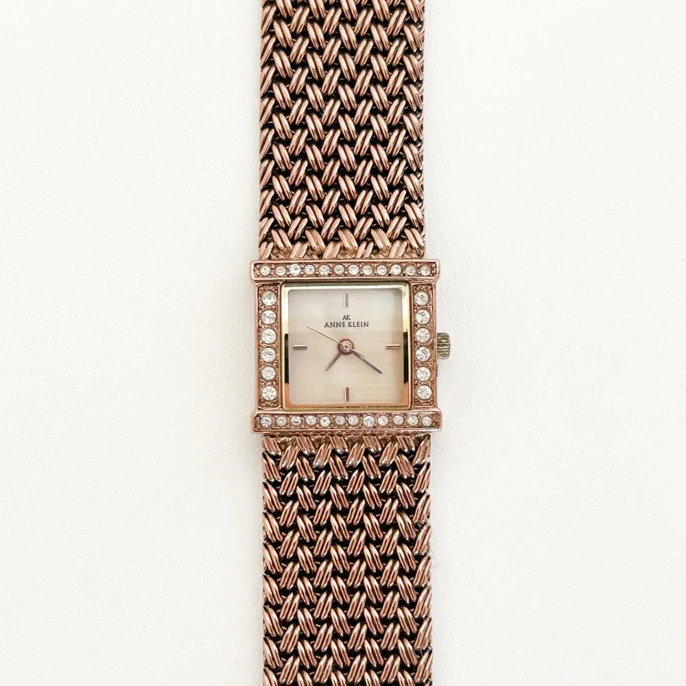 Anne Klein rose gold tone square copper analog watch rhinestone mesh braided